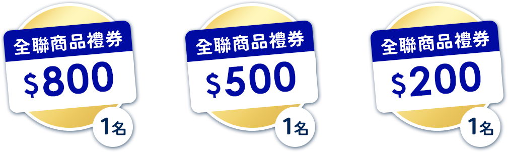 活動贈品：全聯商品禮券200元、500元、800元，各1名